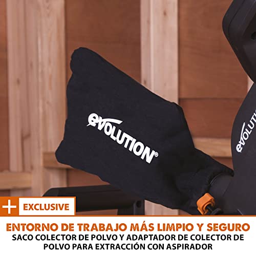 Evolution Sierra ingletadora deslizante de 185 mm (R185SMS+) de Evolution con corte multimaterial; bisel de 45°, inglete de 50°; guía láser. Incluye hoja multiusos