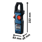 Bosch Professional Amperímetro de Gancho GMC 600-15 (Pinza amperimétrica True RMS, corriente alterna hasta 600 A, tensión hasta 600 V AC/DC, 2 x 1,5 V LR06 (AA), tiras métricas MS 90, bolsa)
