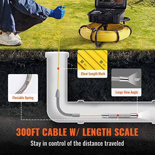 VEVOR Cámara Endoscópica de Drenaje Pantalla de 9" IP68 Impermeable Batería de 4500 mAh 12 LED Ajustable Cable de 91,5 m Tarjeta SD de 16GB para Tubería de Alcantarillado Drenaje de Plomería en Hogar