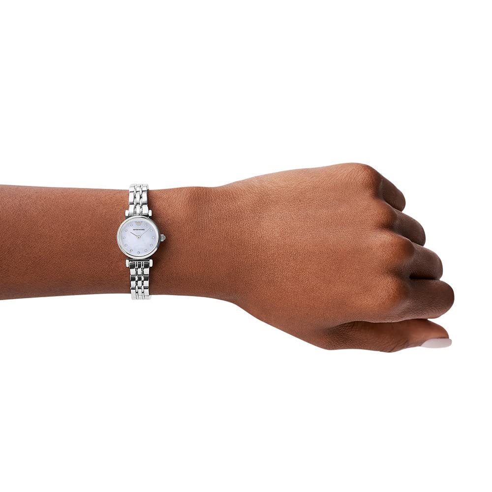 Emporio Armani Reloj Mujer, Movimiento de dos manecillas, caja de acero inoxidable plateado de 22 mm con correa de acero, AR1961, Tono plata y blanco