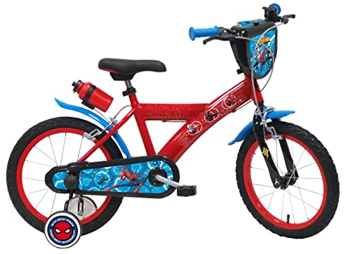 A.T.L.A.S. Bicicleta Infantil de 16 Pulgadas, Marvel Equipada con 2 Frenos, Placa Frontal Decorativa, Botella Trasera y Casco Spiderman Incluido ELO niño, Niños, Rojo idéntico a Las Fotos, 16''