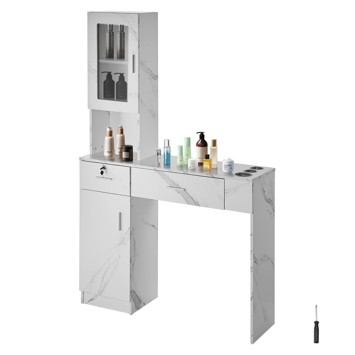 VEVOR Estación Blanca de Salón de Montaje en Pared para Estilista Juego de Muebles de SPA de Belleza 1 Gabinete de Almacenamiento 3 Cubículos y 2 Cajones 1 con Cerradura, para Salón, SPA, Peluquería