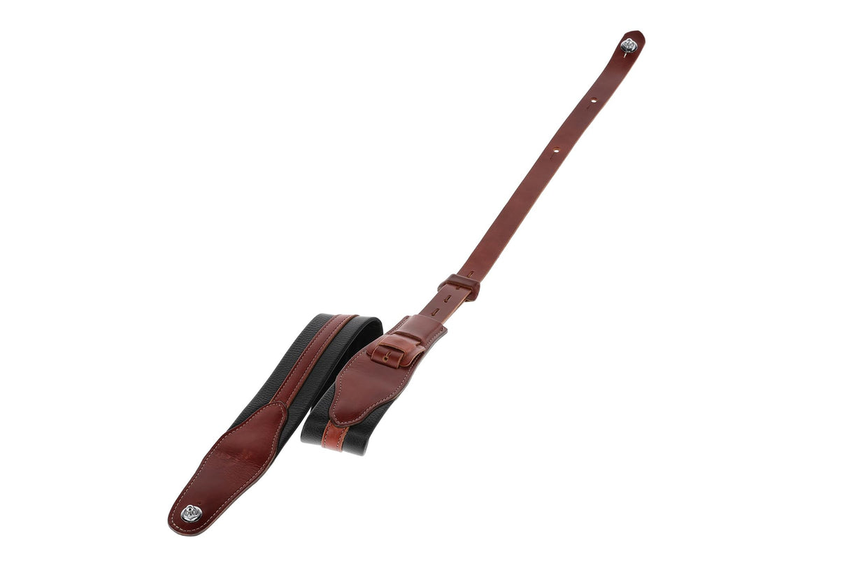GEWA Correa para guitarra serie Prestige, cuero auténtico, ancho 65 mm, largo 103-139 cm, cierres de seguridad cromados, negro cocodrilo/marrón, fabricada a mano en Europa