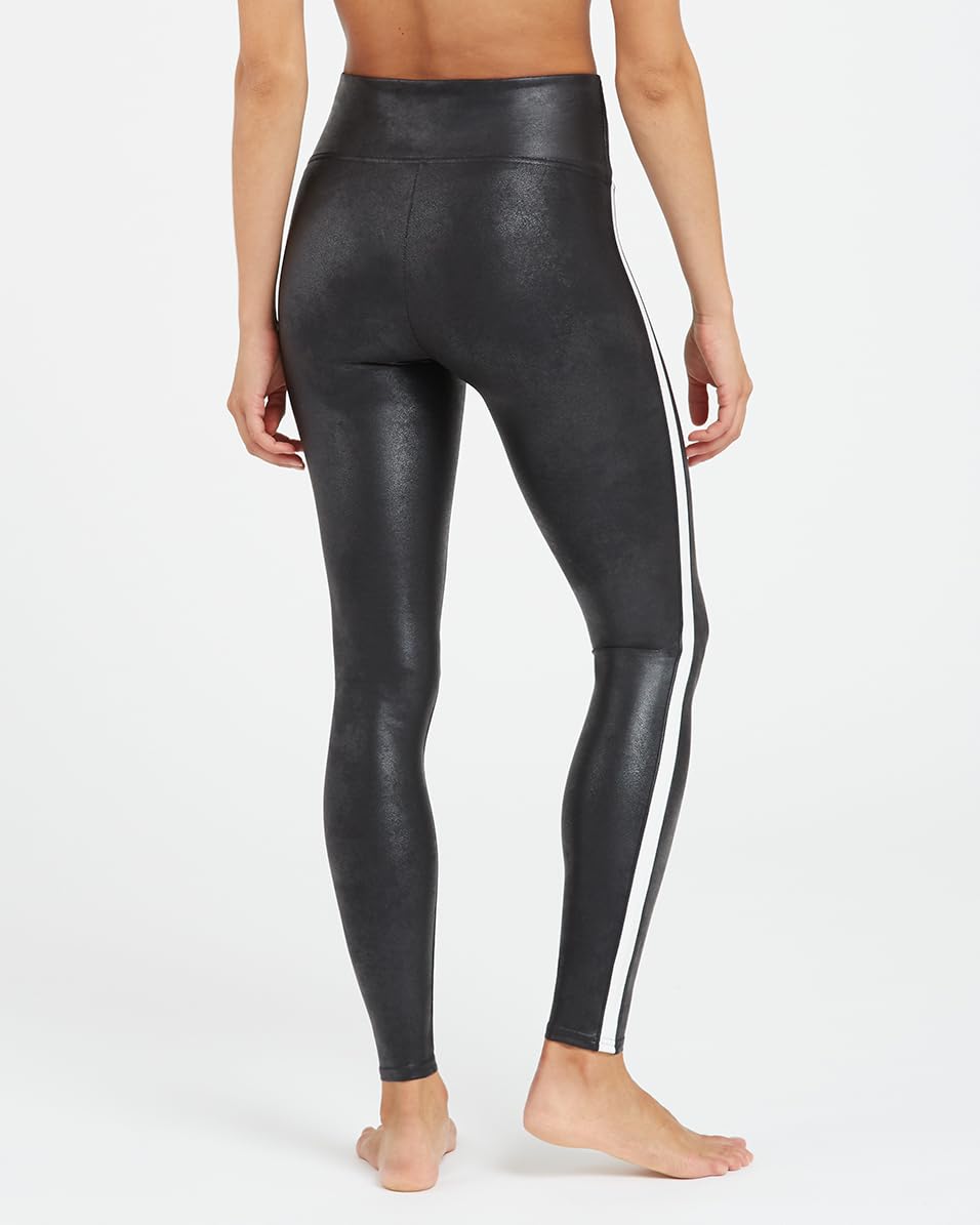 Spanx Leggings de piel sintética de rayas para Mujer, Negro, L