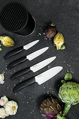 KYOCERA Juego de cuchillos de cerámica con cuchillo de pelar GEN, cuchillo multiusos, cuchillo universal y cuchillo Santoku y bloque de cuchillos redondo para 8 cuchillos, KB-RD BK 4KN FK EU