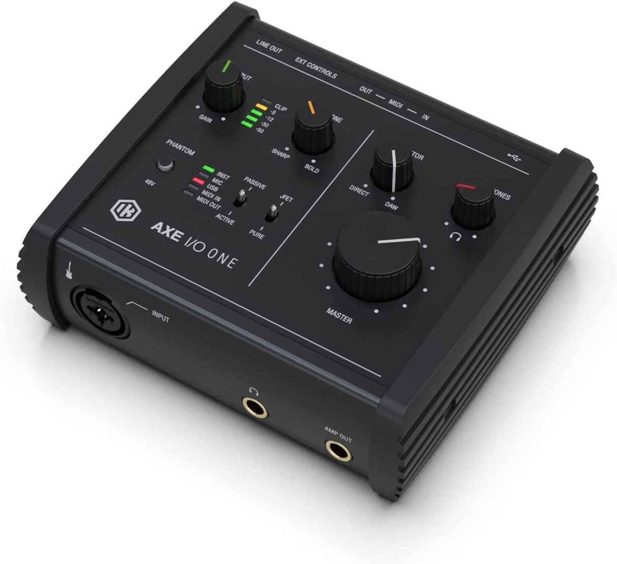 AXE I/O ONE de IK Multimedia, interfaz de audio USB compacta con diseño de tono de guitarra avanzado Z-TONE. Conector USB-C. Viene con TONEX SE y AmpliTube 5 SE