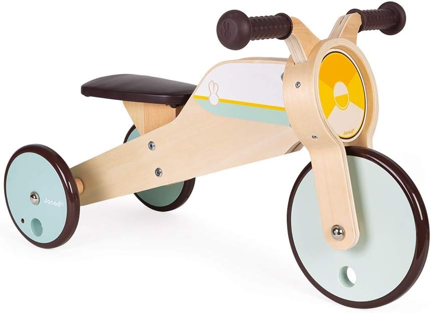 Janod - Triciclo de madera con balancín - Triciclo para bebés de la primera edad - Para desarrollar la motricidad gruesa y el sentido del equilibrio - Juguete de madera - De 12 a 36 meses, J03284