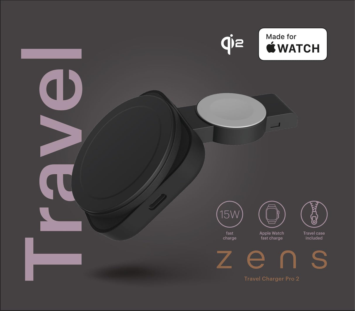 Zens Travel Wireless Charger Pro 2, Cargador inalámbrico MagSafe y Qi2 de 15 W para iPhone 16/15/14/13/12, Apple Watch y AirPods, Incluye Cable USB-C de 1 m, Negro