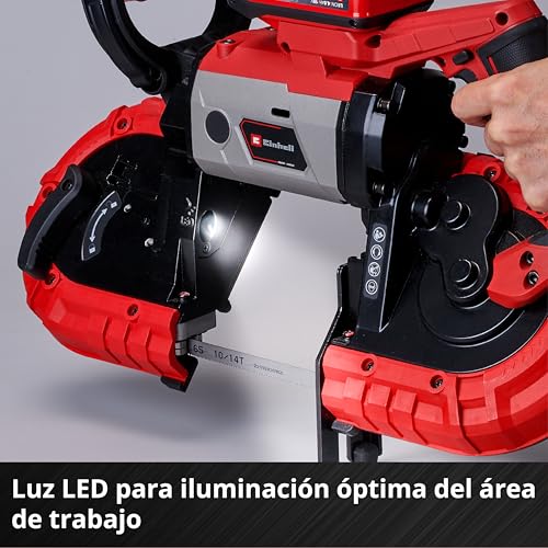Einhell Sierra de banda con batería TE-MB 18/127 Li-Solo Power X-Change (18 V, 115 mm altura de corte, 127 mm anchura de corte, bastidor inferior, luz LED, incl. 2 bandas de sierra, sin batería)