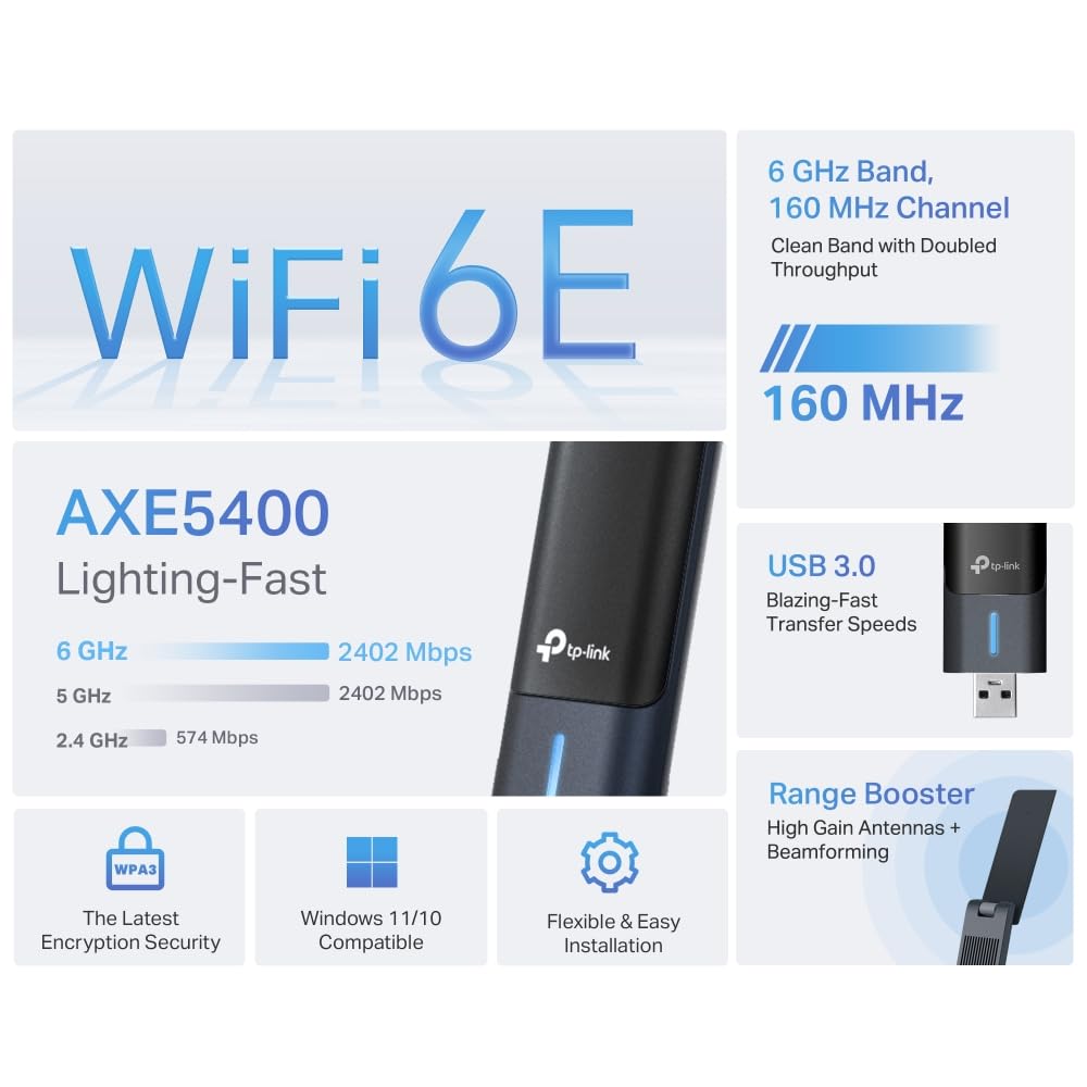 【2024 Nuevo】 TP-Link Archer TXE70UH | Adaptador USB inalámbrico de Alta Ganancia | Wi-Fi6E AXE5400Mbps| Cobertura más Amplia | USB3.0 | Juego de Menor latencia|Compatible con windows11