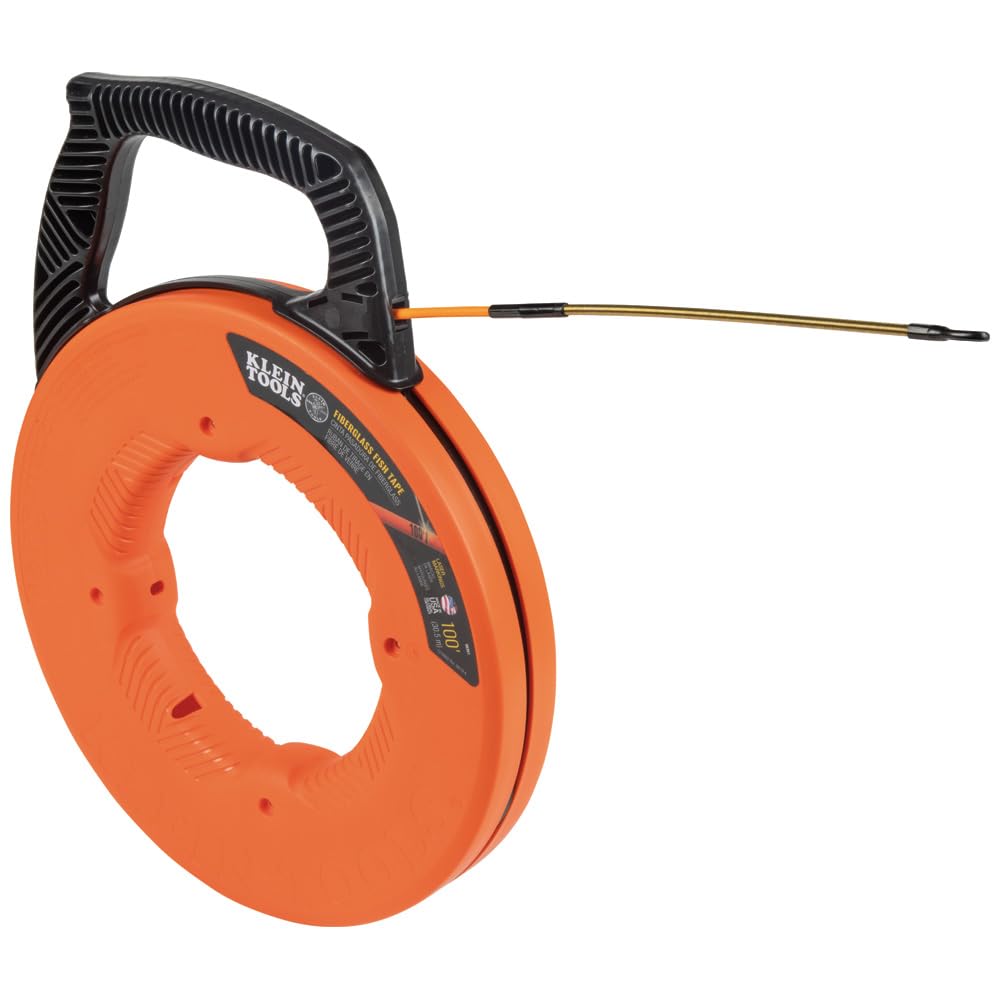 Klein Tools 56351 - Cinta pasacables eléctricos no conductora, extractor de alambre de fibra de vidrio con guía de acero, caja optimizada, 30,5 m x 0,5 cm