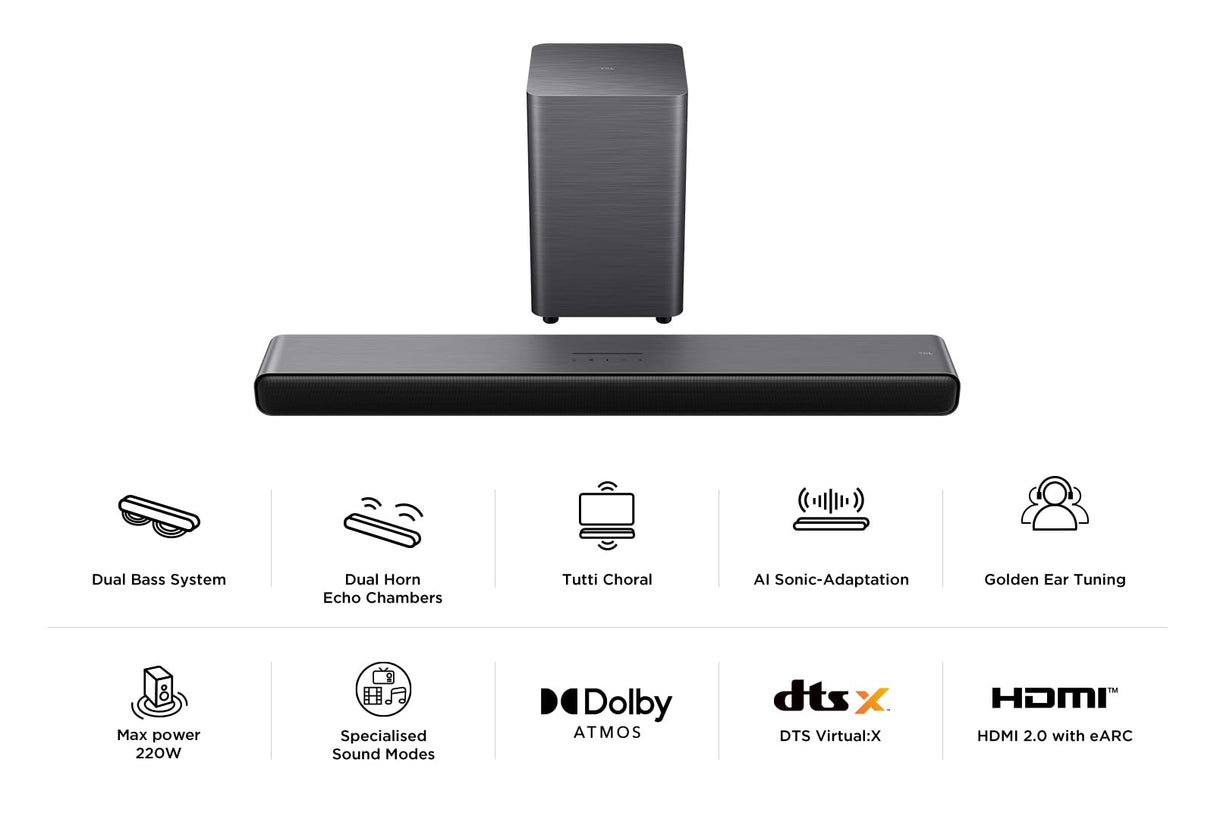 TCL Barra de Sonido S55HE 2.1, 220 vatios, Cine en casa, expansión de Sonido, Dolby Atmos, DTS Virtual:X, Barra de Sonido con subwoofer, Mando a Distancia único, Bluetooth 5.3, HDMI, USB