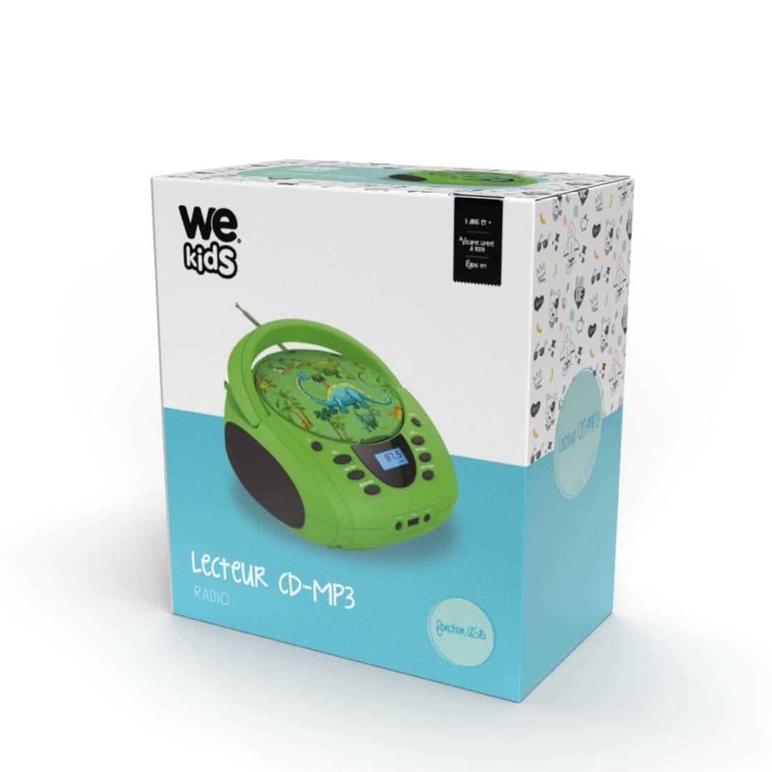 WE Reproductor - Radio CD - USB WeKids: FM, Reproductor de CD/CD-R/CD-RW/MP3, RMS2*2W, Entrada Aux y micrófono, Modelo Dinosaurio