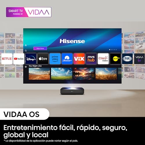 Hisense PL2 - Proyector Laser UHD 4K Smart TV de Tiro Corto, de 80 a 150 Pulgadas, 2400 lumenes, HDR10, Contraste Nativo 3000:1, Dolby Vision, Dolby Atmos, Smooth Motion, Mando Solar