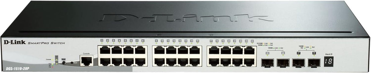 D-Link DGS-1510-28P/E, 28-Puertos Layer 2/3 Smart Managed Gigabit Stack Switch (24x 10/100/1000 Mbit/s PoE Puertos, 2X SFP, 2X 10G SFP+) - Cordon d'alimentation UE uniquement