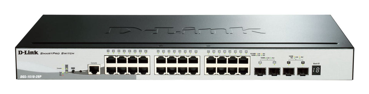 D-Link DGS-1510-28P/E, 28-Puertos Layer 2/3 Smart Managed Gigabit Stack Switch (24x 10/100/1000 Mbit/s PoE Puertos, 2X SFP, 2X 10G SFP+) - Cordon d'alimentation UE uniquement