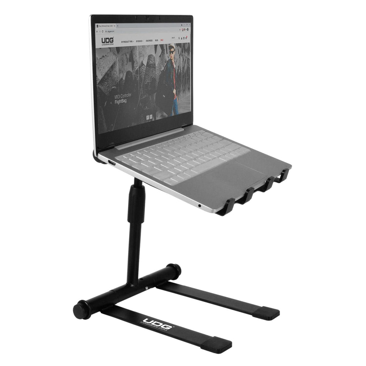 UDG Ultimate-DJ-Gear.COM Soporte para portátil Ajustable en Altura Color Negro - Estante telescópico Ajustable en Altura para portátil Que Gira 360°, Adecuado para DJs móviles y músicos electrónicos