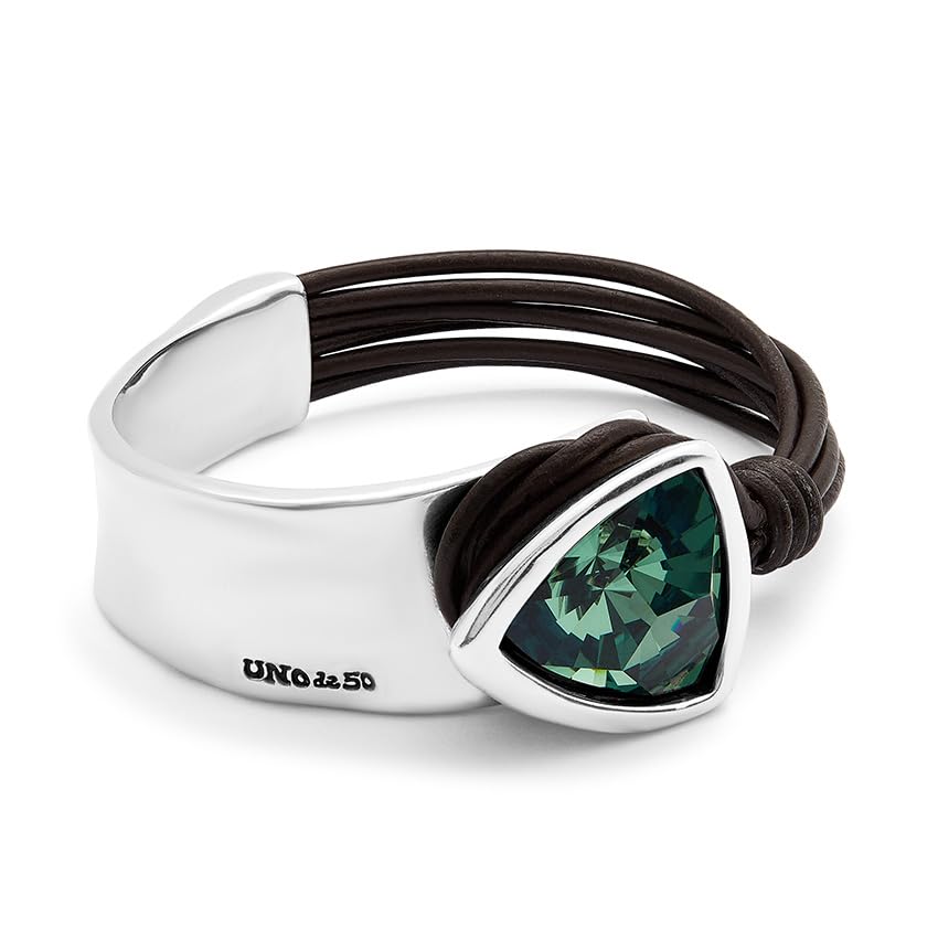 UNO de 50 | Pulsera Rígida para Mujer | Cuero y Bañada en Plata de Ley | Cristal Facetado Verde | Talla M | Joya Artesanal | Hecho en España
