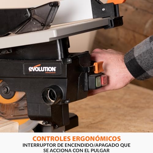Evolution Power Tools R210MTS-G2 Sierra híbrida convertible de mesa/ingletadora, compacta y portátil, corte multimaterial, corta madera, metal, plástico, etc.; incluye una hoja de 210 mm