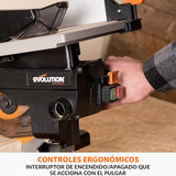 Evolution Power Tools R210MTS-G2 Sierra híbrida convertible de mesa/ingletadora, compacta y portátil, corte multimaterial, corta madera, metal, plástico, etc.; incluye una hoja de 210 mm