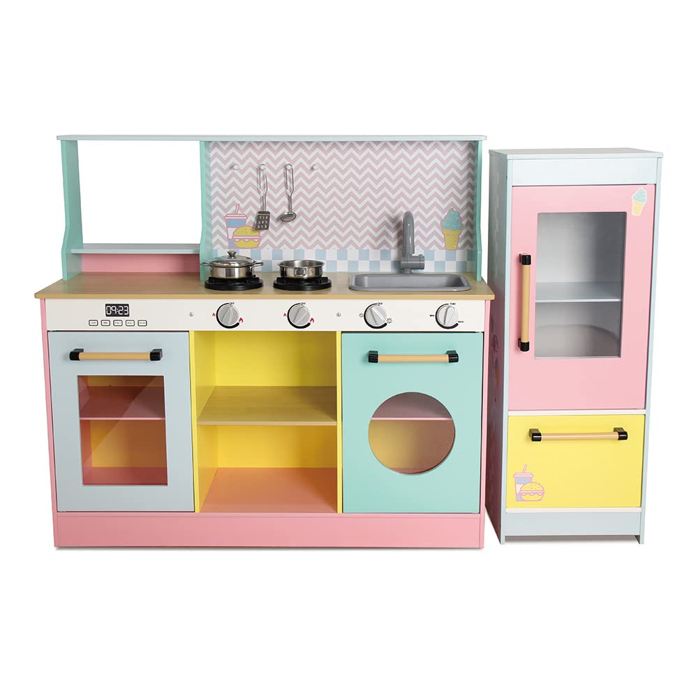 DEQUBE -Cocina Restaurante de Madera 4 módulos 2 en 1 con luz y Sonido -con Todo lo Necesario de una Cocina y de un Restaurante con Asientos y Mesa -con Accesorios metálicos - 90X81X82 cm (913D00015)