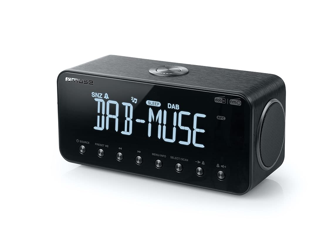Muse Radio Reloj Dab+ FM PLL, Bluetooth, Alarma Dual, (M-196 DBT), Pantalla LCD, retroiluminación, Reloj, Alarma, zumbador, repetición, función de sueño, Antena, Entrada Auxiliar, Carga USB, batería
