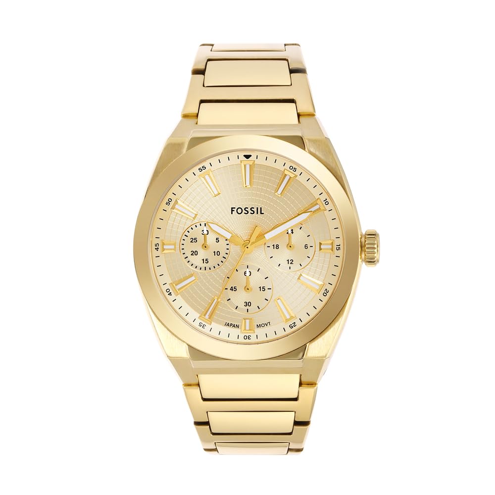 Fossil Reloj Everett para Hombre, Movimiento Cronógrafo Cuarzo con Correa de Piel o Acero, Tono Oro