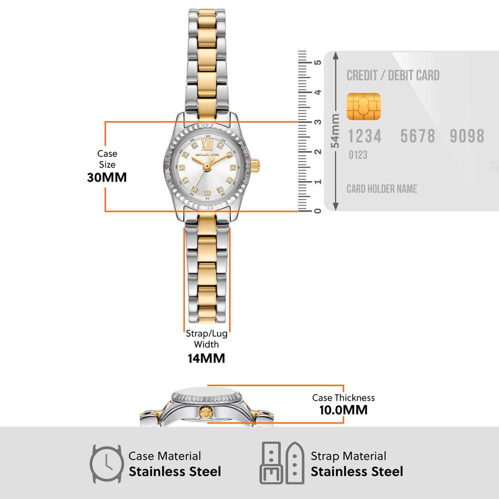 Michael Kors Reloj Lexington para Mujer, Movimiento de Cuarzo de Tres Agujas de 19 mm con Correa de Acero Inoxidable o Piel, Plata y Oro, 19 mm
