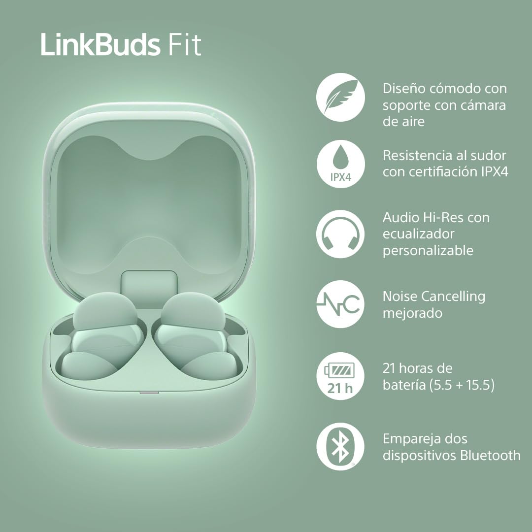 Sony LinkBuds Fit x Olivia Rodrigo, Auriculares Bluetooth con Noise Cancelling, Cómodos, IPX4, Hi-Res Audio, Sonido Ambiente, 21 h autonomía, conexión multipunto, iOS y Android, Verde