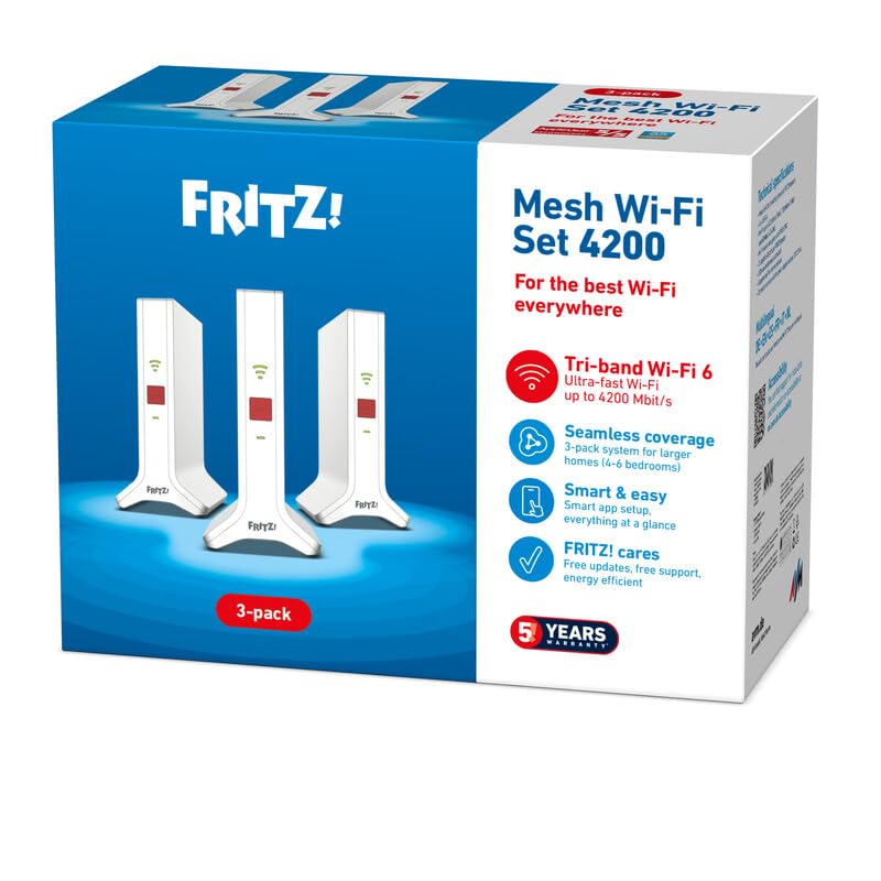 AVM Fritz! Mesh Wi-Fi Set 4200 International, Pack de 3 Fritz! Repeater 3000AX, Solucion Mesh para 4-6 estancias, WiFi 6, Tribanda con hasta 4.200 Mbps, 2 LAN Gigabit, Interfaz en Español