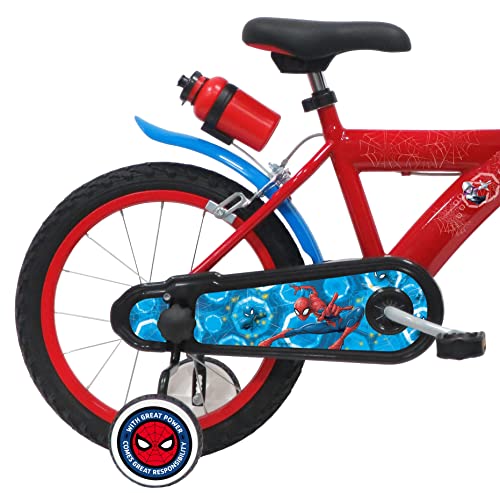 Vélo ATLAS Vélo 16'' Spiderman Équipé de 2 Freins, et Porte Bidon + Plaque Avant Décorative Bicicleta, Niños, Rojo