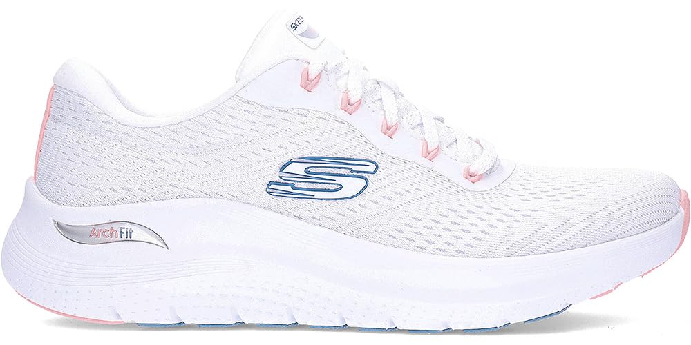 Skechers Arch Fit 2.0 Big League, Zapatillas Mujer, White Mesh/Pink & Blue Trim, 40 EU