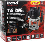 Trend T8 Fresadora de Taller de Inmersión Doble Modo 12mm, Diseñada para Uso Manual y en Banco de Fresado, 2200W, 230V, Negro, T8EK/EURO