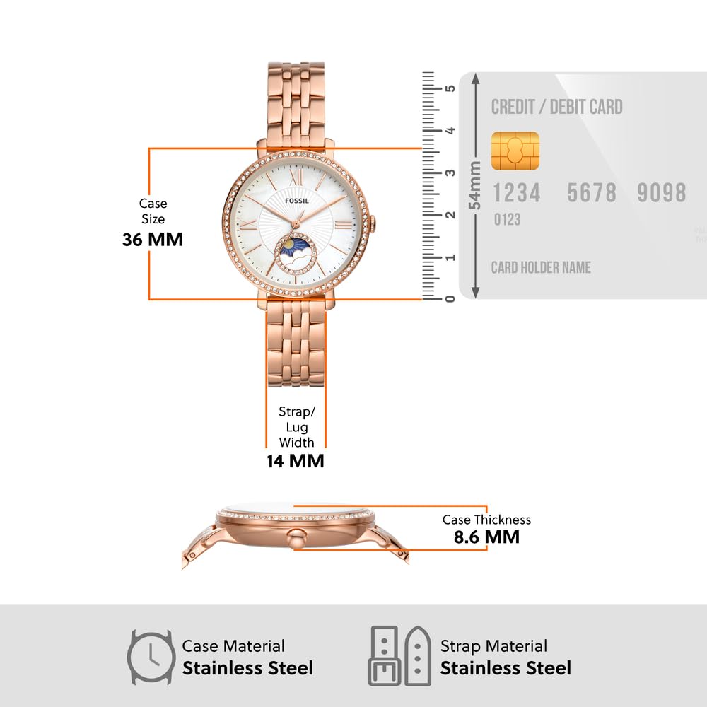 Fossil Jacqueline Reloj para Mujer, Movimiento multifunción con Correa de Acero Inoxidable o Piel, Tono Oro Rosa y Blanco, 36MM