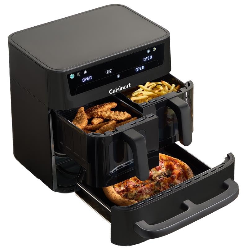 Cuisinart Tri Zone Freidora y Horno 13,6 L | Sin PFAS | 3 zonas, 2x4,3 L + 5 L | 9 funciones: aire, asar, grillar, hornear, recalentar, deshidratar, pizza, tostar, manual | Negro Ventana