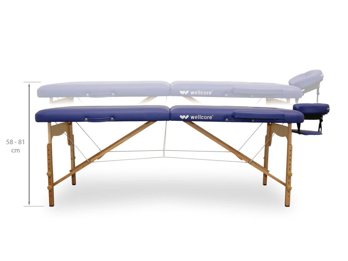 QUIRUMED Camilla de Masaje Plegable WELLCORE, Fabricada en Madera, Polipiel, 185 x 65 cm, Altura Regulable, Cabezal extraíble, Dos Brazos de ampliación, Agujero Facial, Color Negro, hasta 225 kg