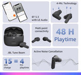 JBL Auriculares Tune Beam In-Ear, inalámbricos, resistentes al agua, cancelación de ruido y tecnología de 4 micrófonos, con batería de hasta 48 horas de duración, en blanco
