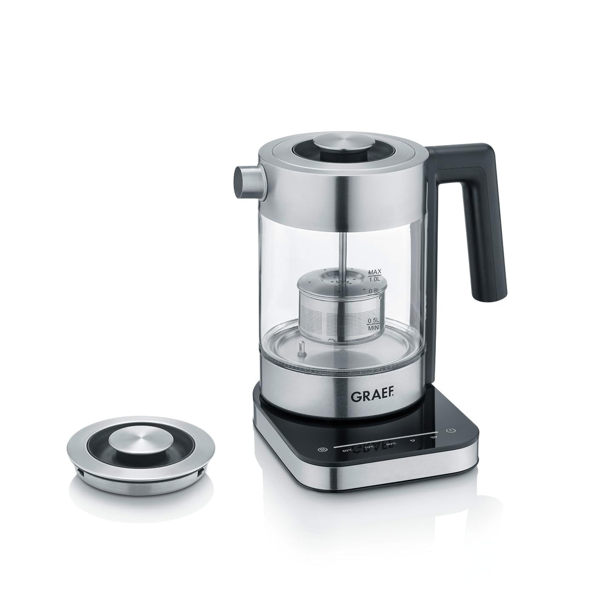 Hervidor de agua de cristal GRAEF WK350, 1 litro, diseño de alta calidad, cristal Schott Duran, acero inoxidable, ajuste de temperatura, colador de té, iluminación LED, base de 360°, función de