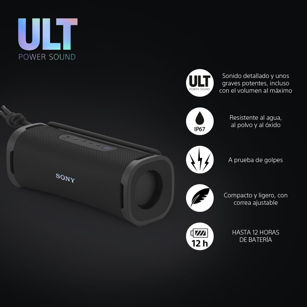 Sony ULT Field 1 Altavoz inalámbrico Bluetooth portátil con ULT Power Sound, Ultimate Deep Bass, IP67, Resistente a los Golpes, 12H de batería, Llamadas nítidas, Negro