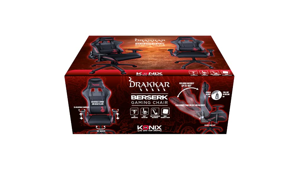 Konix Drakkar Silla de Oficina Gaming Berserk - Inclinación del Asiento 160° - Cuero sintético Liso - Negro y Rojo