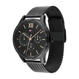 Tommy Hilfiger Reloj Multifunción de Cuarzo para Hombre de 44 mm - Esfera Negra con Motivo Clou de Paris, Pulsera de Malla de Acero Inoxidable Negra, Resistente al Agua 5ATM - 1791420