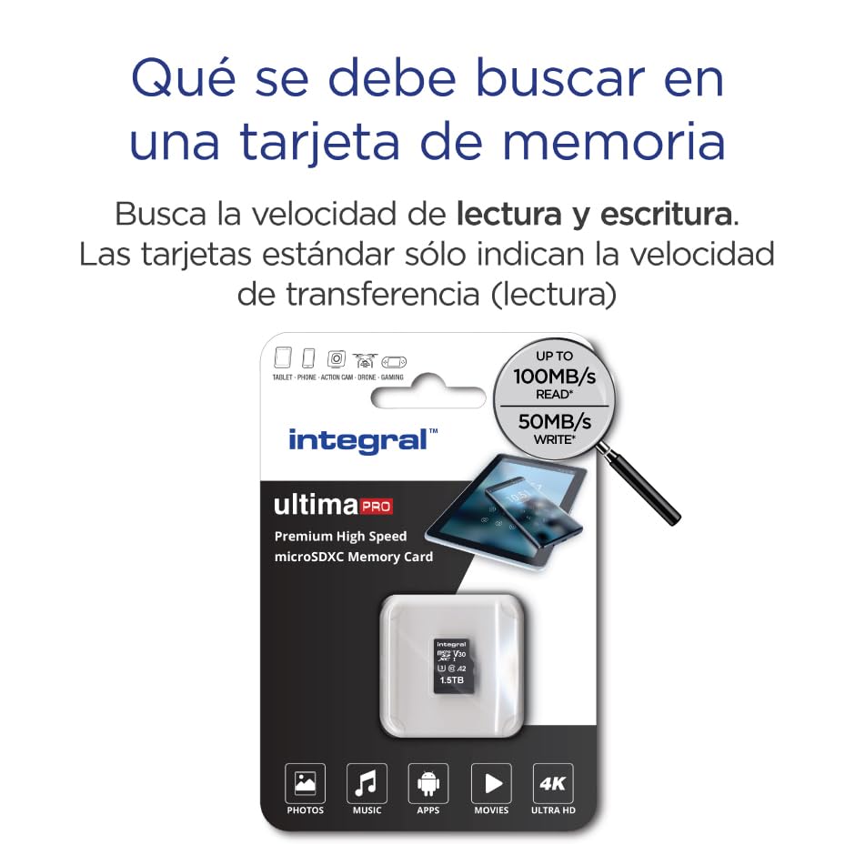 Integral 1.5TB microSD Card Premium Alta Velocidad Tarjeta de Memoria Vídeo 4K - hasta 100MB/s Lectura y 50MB/s Escritura, UHS-I, U3, Clase 10, A2 Rendimiento para App - Smartphones, tabletas, Drones