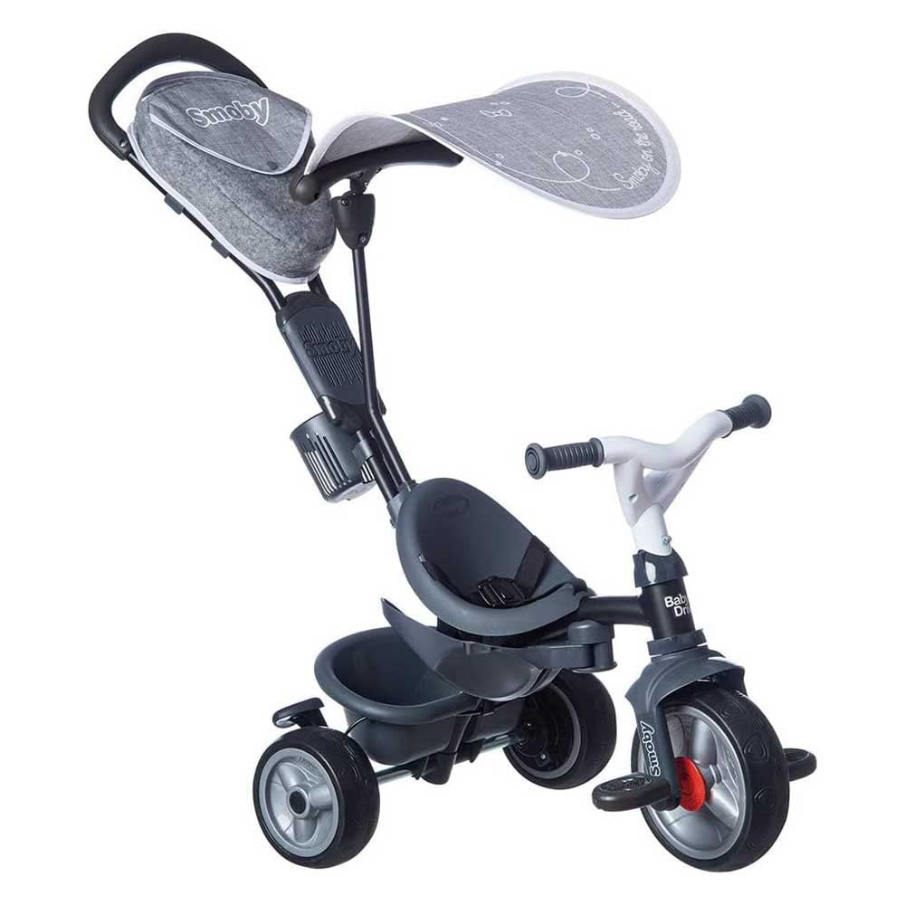 Smoby- Triciclo Baby Driver Confort Plus Gris, Evolutivo, Bastidor Metálico, con Barra de Empuje Parental, A Partir de 10 Meses