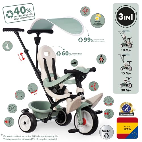 Smoby Life - Triciclo Baby Balade Progresivo 3 en 1, Sostenible, con Materiales Reciclados, Homologado, Freno de Estacionamiento, Barra Parental Ajustable, de 10 Meses a 3 Años (7600741405)