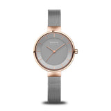 BERING 14631-369 Reloj solar para mujer con caja de acero inoxidable de 31 mm con acabado en oro rosa y esfera gris, correa milanesa, cristal de zafiro y resistencia al agua de 5 ATM