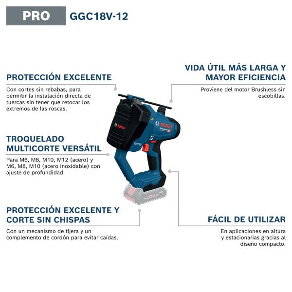 Cortador de varilla roscada a batería GGC 18V-12 con Bosch Professional 18V System (corta hasta M12 en acero y M10 en acero inoxidable, incl. par de troqueles de corte múltiple - métrico)