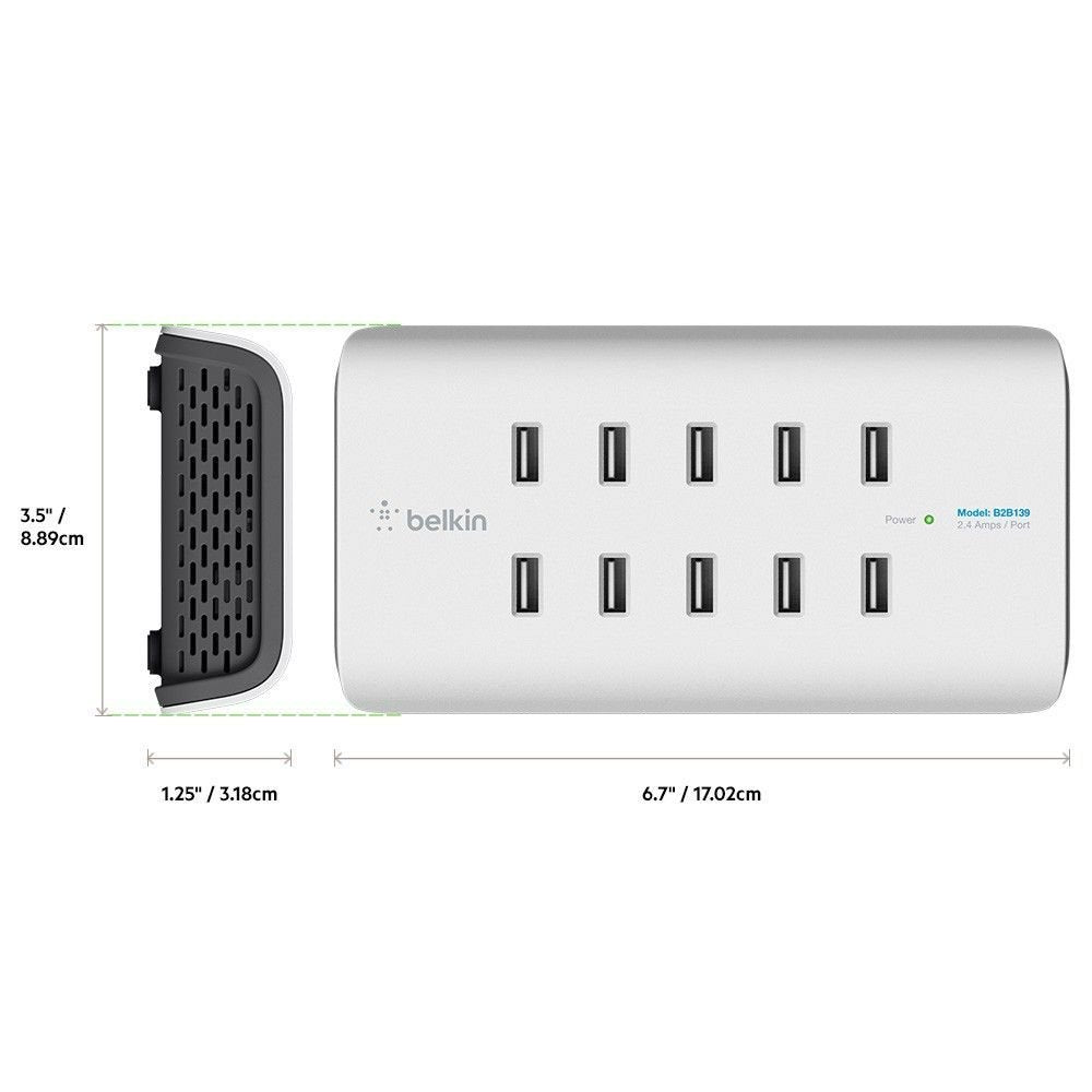 Belkin Rockstar - Cargador de 10 Puertos USB-A, Carga rápida de 2.4 A por Puerto, protección contra sobretensiones integrada, Color Blanco