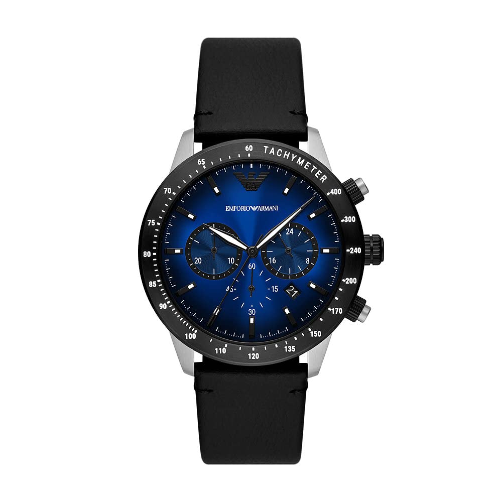 Emporio Armani Reloj Hombre, Movimiento cronógrafo, 43MM Caja de acero inoxidable plateado con correa de piel, AR11522, Negro y azul
