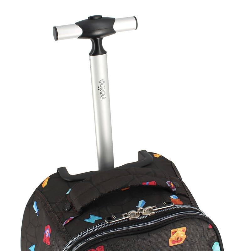 TOTTO - Mochila Escolar con Ruedas, Modelo Papel, Mochila Grande, Capacidad 33 Litros, Bolsillo para PC 14", 3 Compartimentos, Ruedas Grandes, Manija Telescópica, Estampado Videojuegos Negro