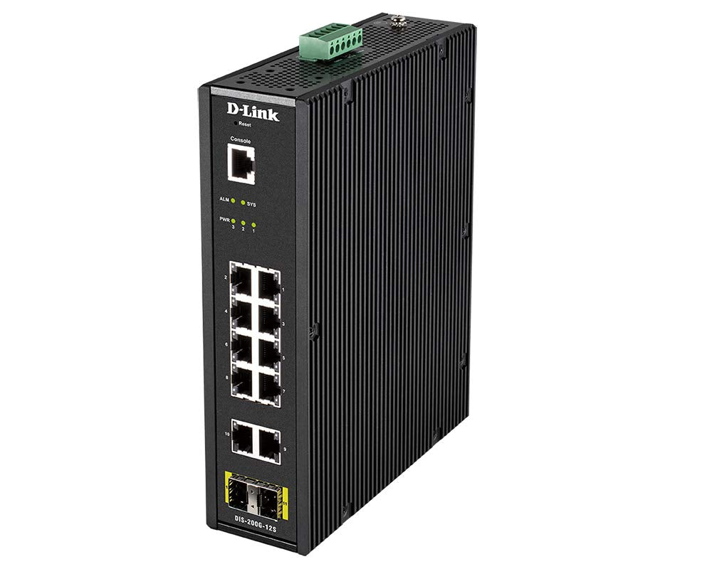 D-Link DIS-200G-12S - Switch industrial 12 puertos (10 Gigabit y 2 SFP, para carril DIN, apto para condiciones extremas -40°C a 65°C, ERPS, VLAN, QoS, IGMP, agregación de enlaces)